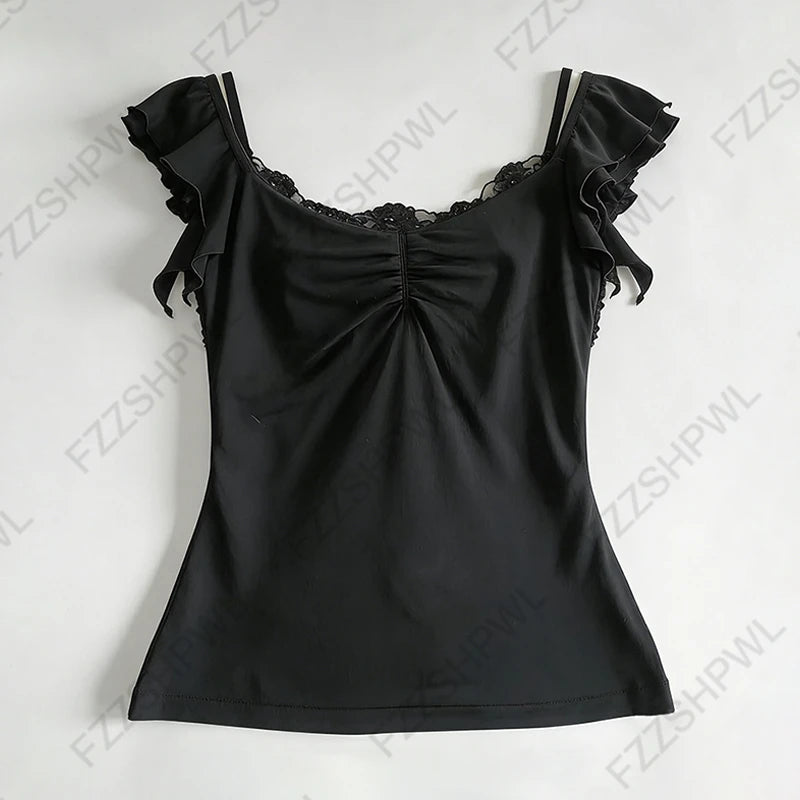 Y2K Japanisches Sommer-Damen-Camisole-Top, sexy, süß, schlank, modisch, lässig, Spitze, einfarbig, Crop-T-Shirt, Kawaii, süß, mädchenhaft, Streetwear So ist Leben