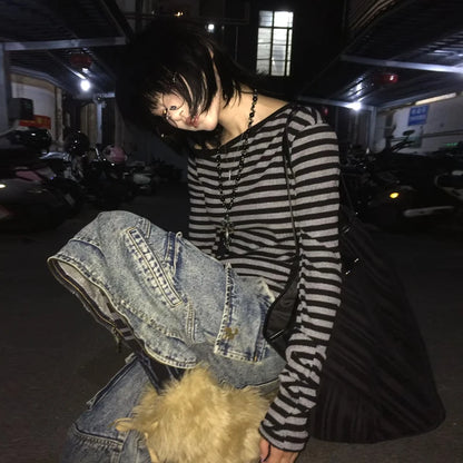 Genayooa Japanisches Y2k-T-Shirt für Damen, langärmelig, schulterfrei, gestreift, Crop-Tops, Y2k-Grunge, 2000er-Jahre, ästhetische Streetwear-T-Shirts So ist Leben