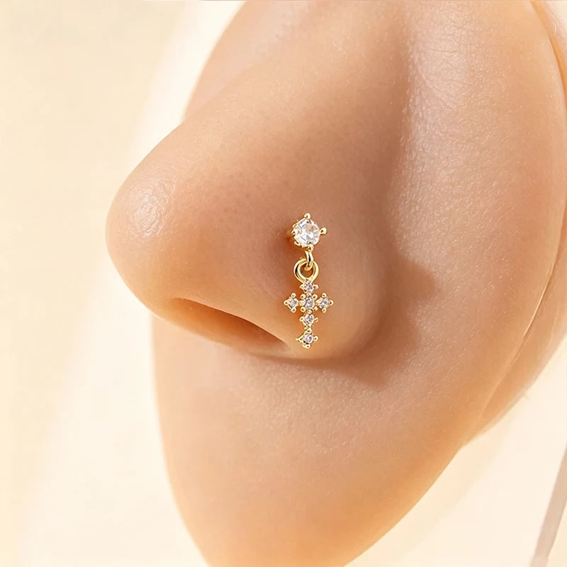 Hängende Nasenringe für Frauen, Kreuz-Zirkon-Nasenpiercing-Schmuck, L-förmige Nasenstecker, Körperschmuck-Accessoires So ist Leben