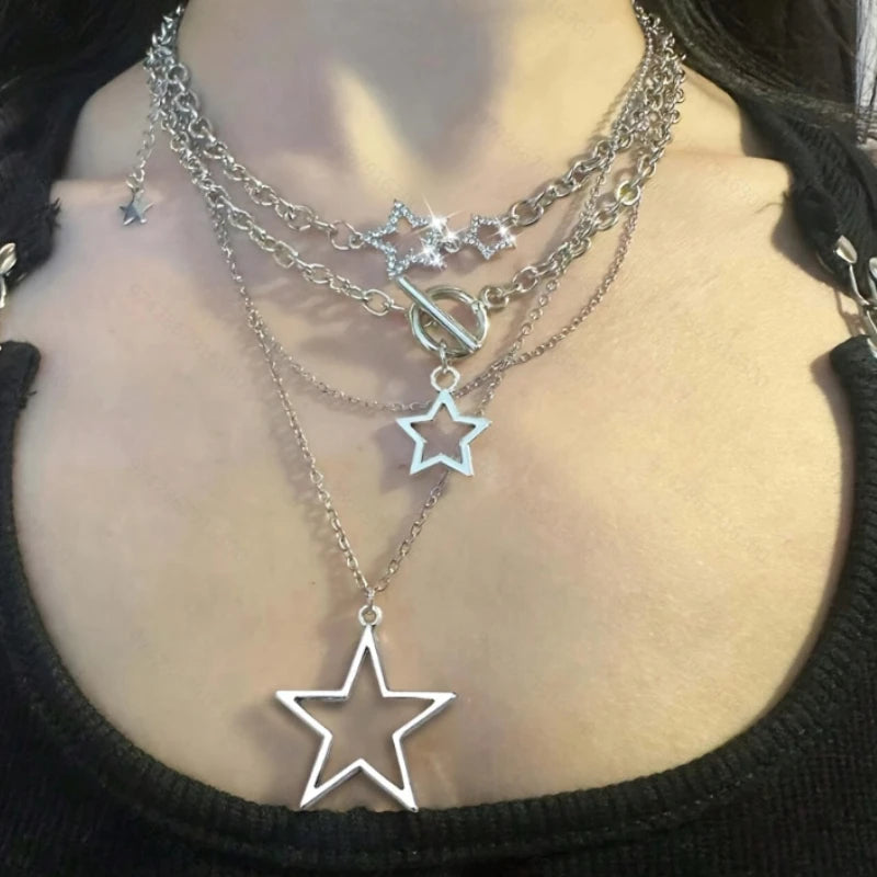 Trendy Y2K Stern Anhänger Halskette Vintage Goth Einfache Mehrschichtige Metallkette Halskette Frauen Charme Statement Schmuck Geschenke So ist Leben