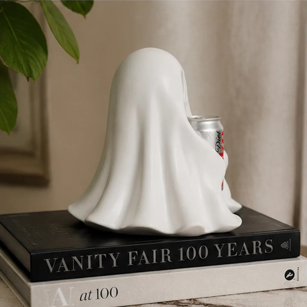 Lustige Geisterfigur mit Getränkedose aus Kunstharz, Halloween-Schreibtischdekoration, Niedliche Gruselige Raumverzierung, Geschenk für Heim- und Bürodekoration So ist Leben