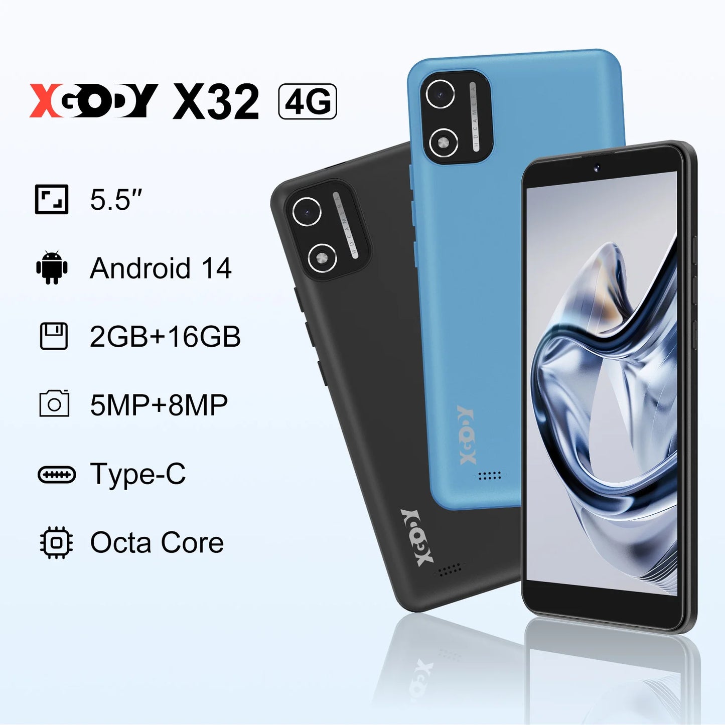 XGODY X32 Android 14 Smartphone 5,5 Zoll Dual-SIM Octa-Core 4GB+16GB Mobiltelefon 2850mAh 5+5MP 4G-Netzwerk Gesichtserkennung Handy So ist Leben
