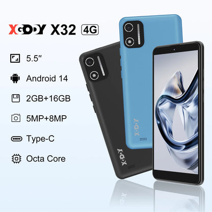 XGODY X32 Android 14 Smartphone 5,5 Zoll Dual-SIM Octa-Core 4GB+16GB Mobiltelefon 2850mAh 5+5MP 4G-Netzwerk Gesichtserkennung Handy So ist Leben