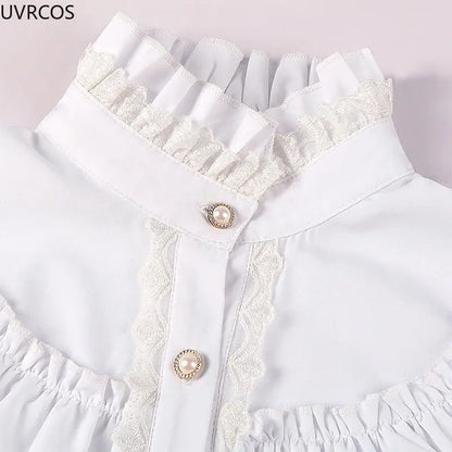 Japanische viktorianische Vintage Lolita Shirts Frauen Vintage süße Flare lange Ärmel schlanke Tops weibliche Gothic Y2k schwarz weiße Blusen - So ist Leben
