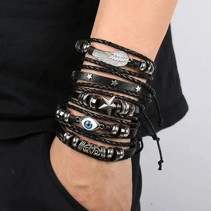 Punk Multilayer Antike Leder Armband Set Schädel Auge Stern Charms Hiphop Rock Y2K Vintage Pu Gothic Armband Mann Goth Schmuck So ist Leben