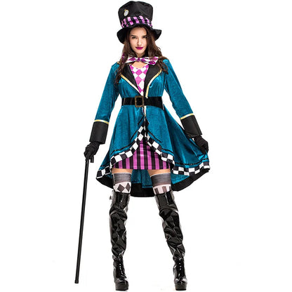 Alice im Wunderland Clown Verrückter Hutmacher Kostüm für Erwachsene Frauen Fantasie Sexy Zauberer Cosplay Halloween Karneval Magisches Kleid So ist Leben