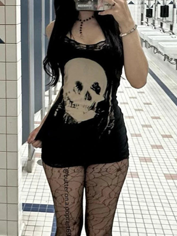 2024 neue Retro Punk Gothic Kleid Frauen Streetwear Harajuku Schädel gedruckt ärmellose hohe Taille Bodycon Kleid Grunge Rave Outfits So ist Leben