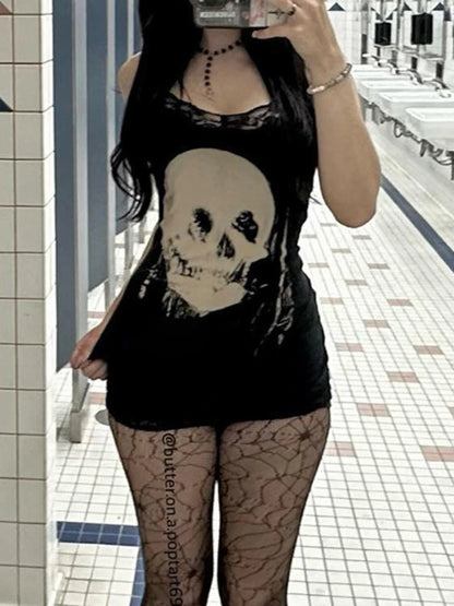 2024 neue Retro Punk Gothic Kleid Frauen Streetwear Harajuku Schädel gedruckt ärmellose hohe Taille Bodycon Kleid Grunge Rave Outfits So ist Leben