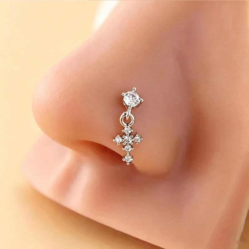 Hängende Nasenringe für Frauen, Kreuz-Zirkon-Nasenpiercing-Schmuck, L-förmige Nasenstecker, Körperschmuck-Accessoires So ist Leben
