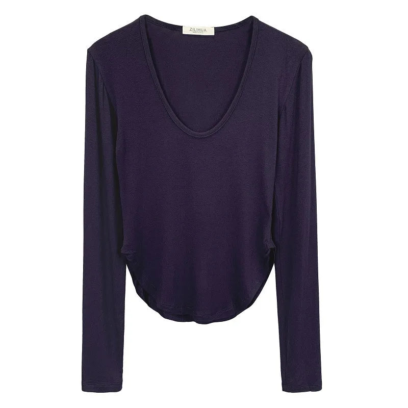 Koreanische Dongdaemun Pure Desire Sexy Spicy frauen Geschmack U-ausschnitt Slim Fit Langarm T-shirt Mid-länge gestrickte Casual Top So ist Leben