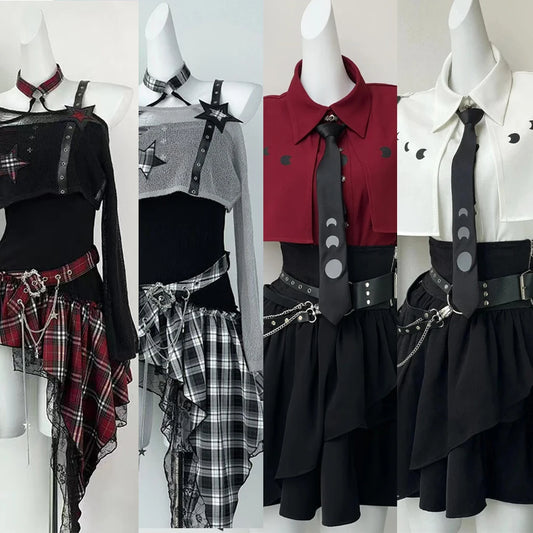 Gothic Harajuku 2-teiliges Set Damen Vintage Y2k Crop Top Bluse + Schwarz Hohe Taille Retro Rock Gürtel Party Vintage Sets Chic So ist Leben