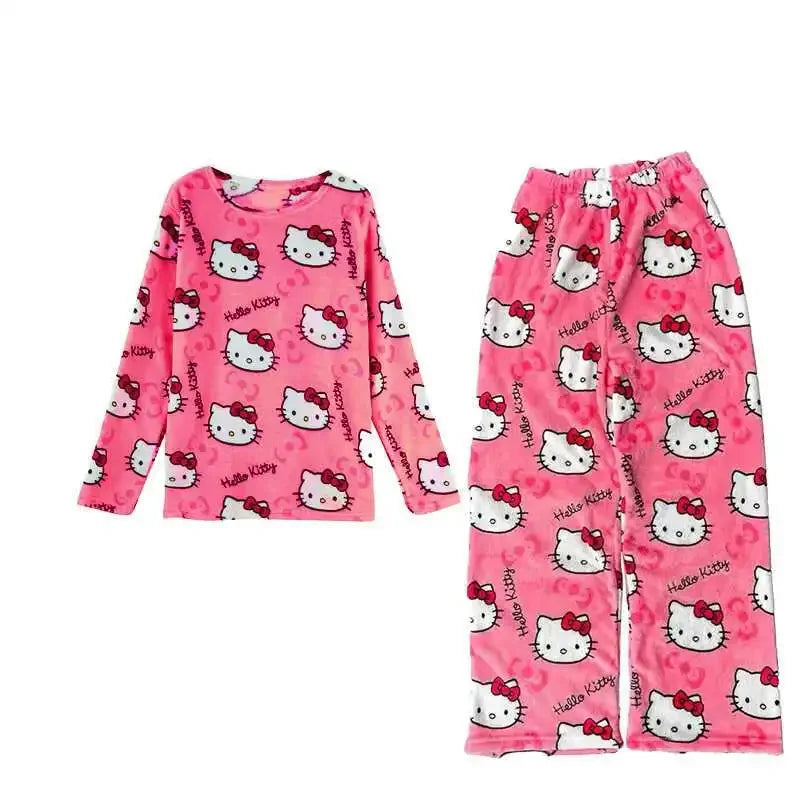 Anime Hello Kitty Plüsch-Pyjama-Anzug für Damen, Cartoon-Flanell, langärmelig, Homewear, Winter, Mädchen, warme Tops, Pannts, zweiteiliges Set - So ist Leben
