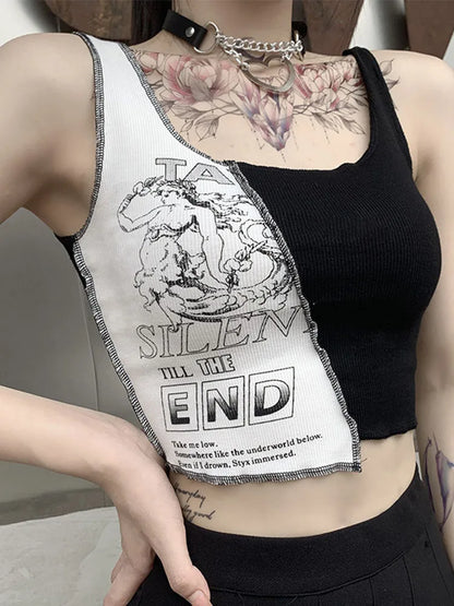 Punk Stil Patchwork Tank Tops Ästhetischen Brief Und Grafik Druck Frauen Crop Top Farbe Blockieren Ärmellose Streetwear So ist Leben
