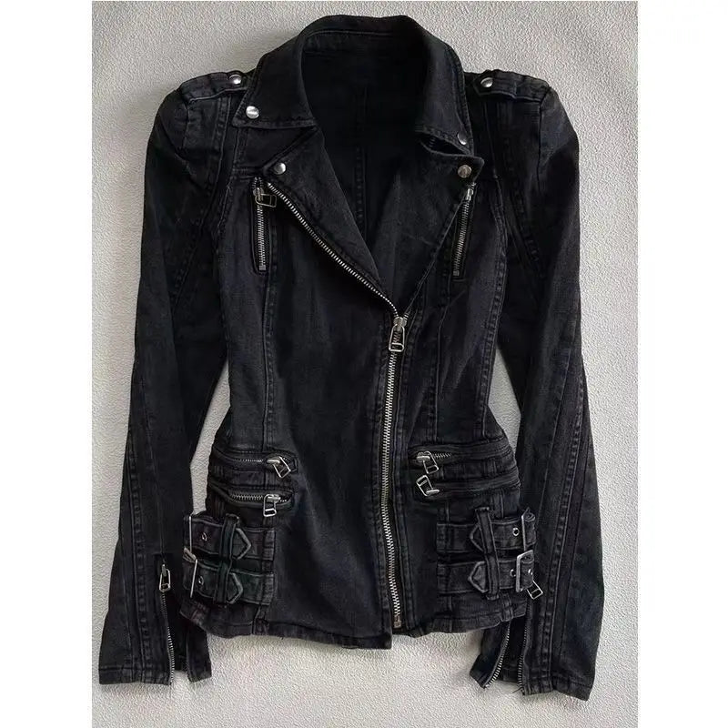 Y2k Amerikanische Schwarze Gothic Retro Knopfjacke mit Hohem Kragen, Schlanke Damenjacke für Frühling und Herbst, Dünne Hot-Girl-Jacke mit Manschetten, Lässige Motorradjacke So ist Leben
