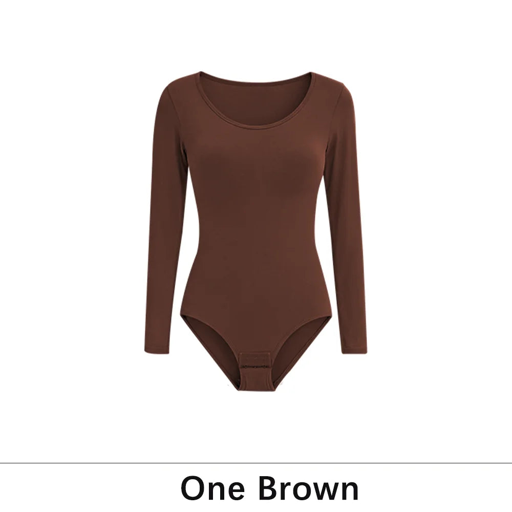 Damen 1er-Pack Langarm-Bodysuit Shapewear Schlankheits-Bodyshaper Rundhals Nahtloser Former Neue Mode Schwarzes Top So ist Leben