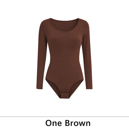 Damen 1er-Pack Langarm-Bodysuit Shapewear Schlankheits-Bodyshaper Rundhals Nahtloser Former Neue Mode Schwarzes Top So ist Leben