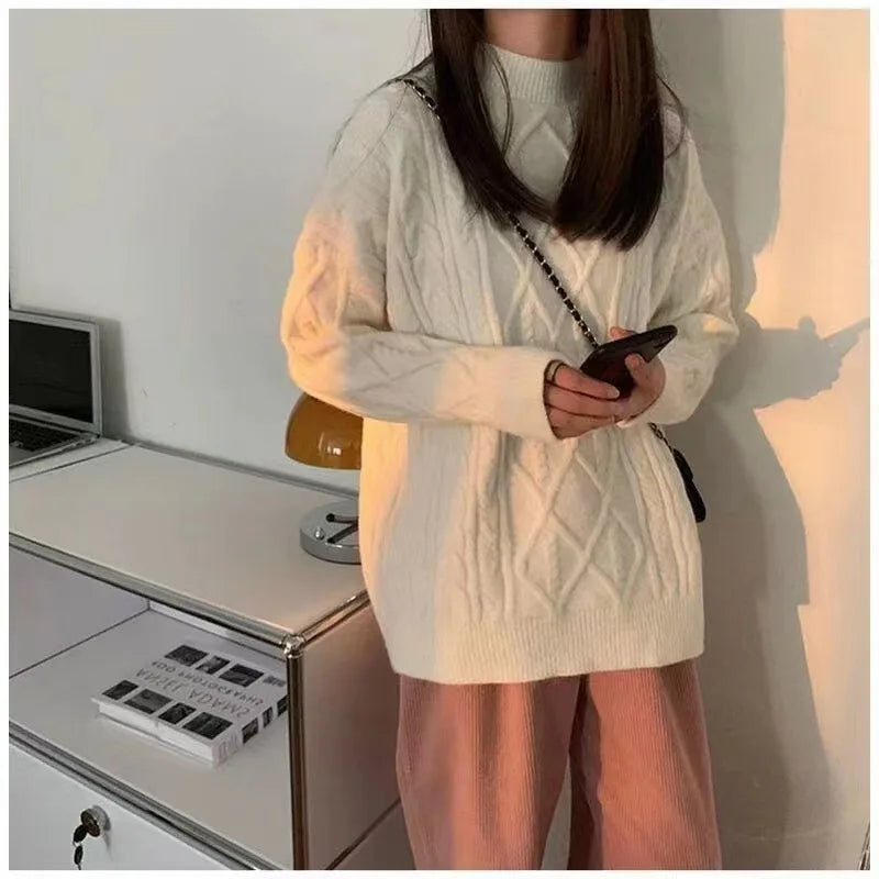 Pullover Frau Winter 2023 Rundhals Bodenbildung Twist Pullover Faul Wind Lose Beiläufige Stricken Pullover Langarm Pullover Jumper So ist Leben