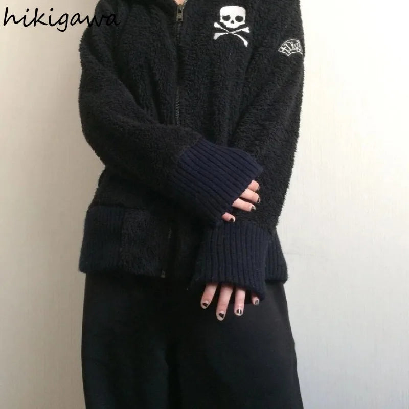 Harajuku Übergroße Jacken frauen Kleidung Y2k Tops Streetwear BF Lamm Wolle Mit Kapuze Jacke Warme Schädel Zipper Casual Chic Mäntel So ist Leben