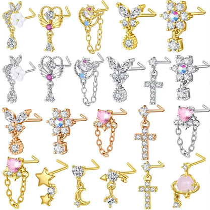 Damen L-förmiger Nasenring, hängender Nasenpiercing aus Edelstahl+Kupfer, gebogener Ring mit Schmetterlingsanhänger, Nasenschmuck 20G So ist Leben