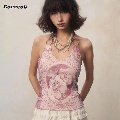 Karrcat japanische y2k Neck holder Tops Grunge Ästhetik lila Tank Top Vintage Harajuku Blumen druck Leibchen rücken frei 2000s Retro - So ist Leben