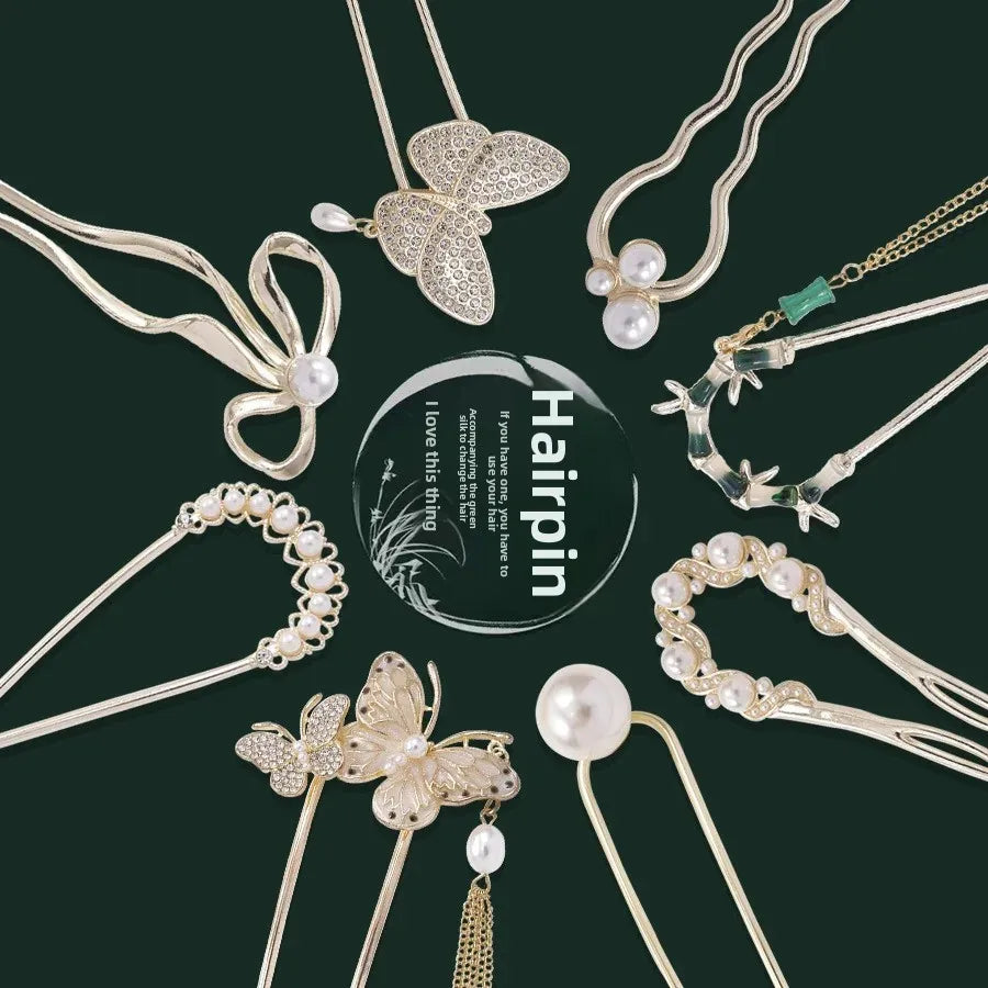 U-förmige Haarnadel aus Metall, Perlen-Schmetterlings-Haar-Accessoire, neuer chinesischer Stil, antikes Gefühl, hochwertige florale Step-Rock-Haarnadel So ist Leben