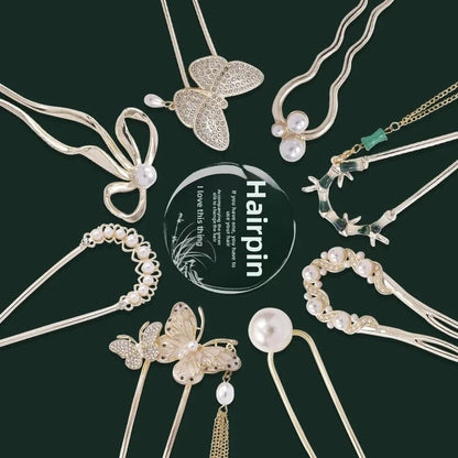 U-förmige Haarnadel aus Metall, Perlen-Schmetterlings-Haar-Accessoire, neuer chinesischer Stil, antikes Gefühl, hochwertige florale Step-Rock-Haarnadel So ist Leben