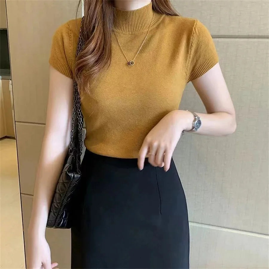 Frauen Frühling Sommer Gestrickte Pullover Pullover Dame Casual Rollkragen Einfarbig Kurzarm Bluse Pullover So ist Leben