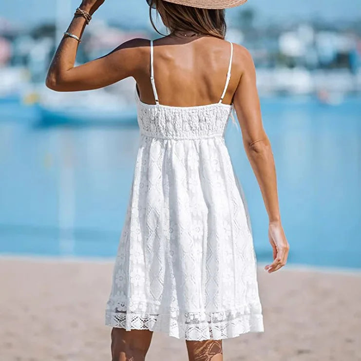 Minikleid Damen Sling-Kleider Spitze Weiß A-Linie Vestidos Quaste Y2k Streetwear V-Ausschnitt Ärmellos Elegant Splice Sommer 2025, So ist Leben
