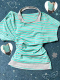 Koreanische süße gestreifte Fake-Two-Tops für Damen, schulterfrei, Vintage, amerikanischer Stil, kurzärmelig, schick, lässig, für den Alltag, Sommer-T-Shirts So ist Leben