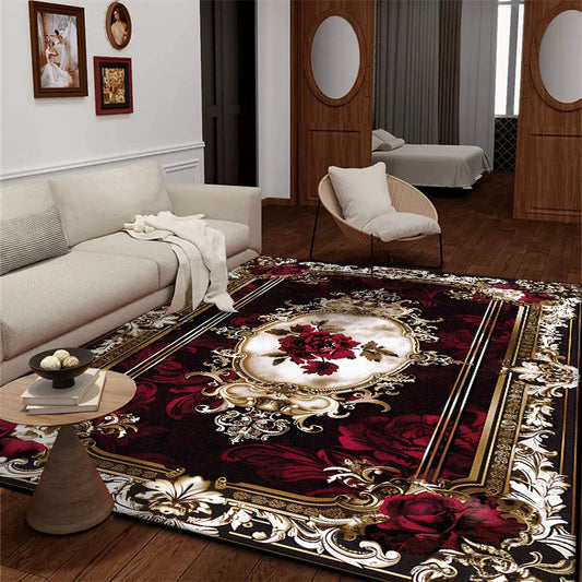 Wohnzimmer mit großem Teppich im roten Design im europäischen Stil - So ist Leben
