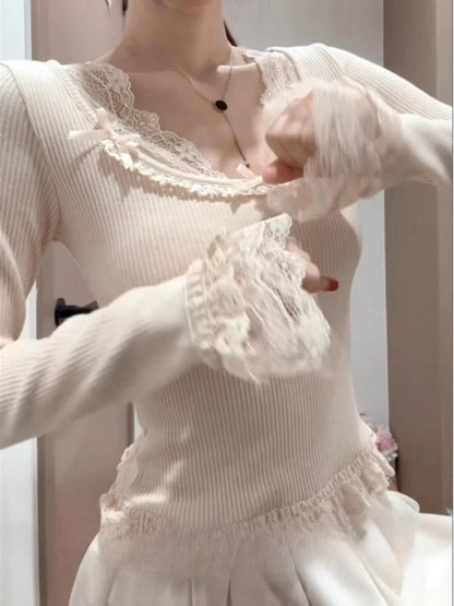 Herbst Französisch Elegante Sexy Coquette Tops frauen Y2k Elegante Streetwear T Shirt Bogen Spitze Patchwork Schlank Süße Tees So ist Leben