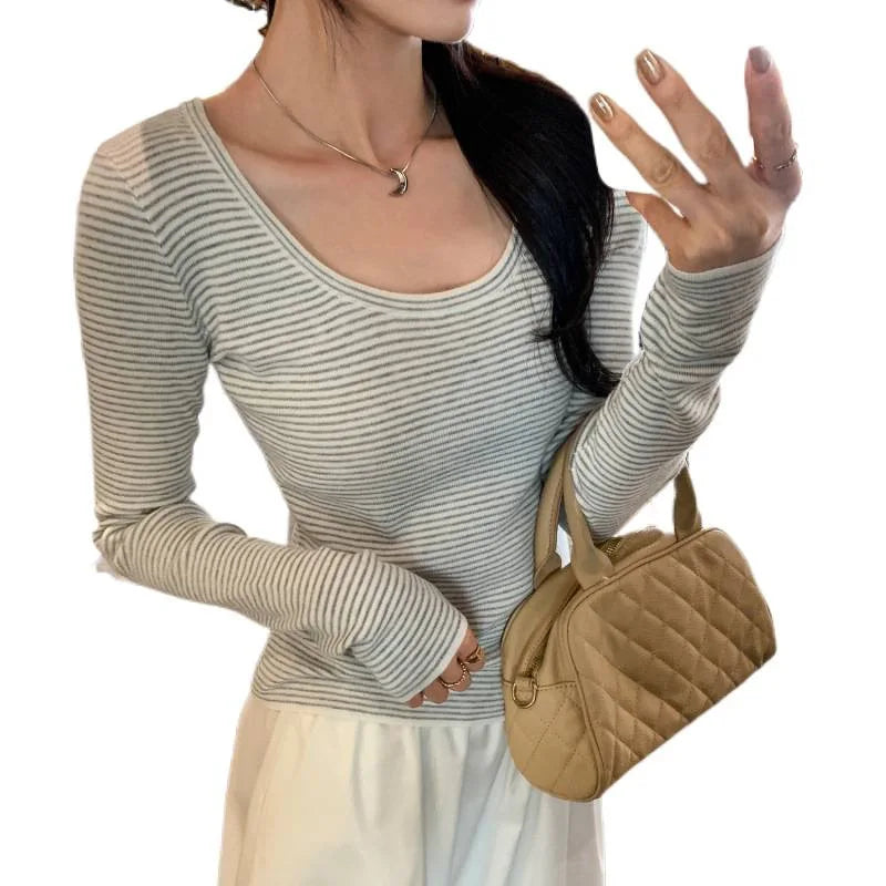 Slim Fit Koreanischen Stil frauen Gestrickte Basis Shirt Herbst Winter Neue Ankunft Streifen Design Modische Innere Tragen T-Shirt So ist Leben