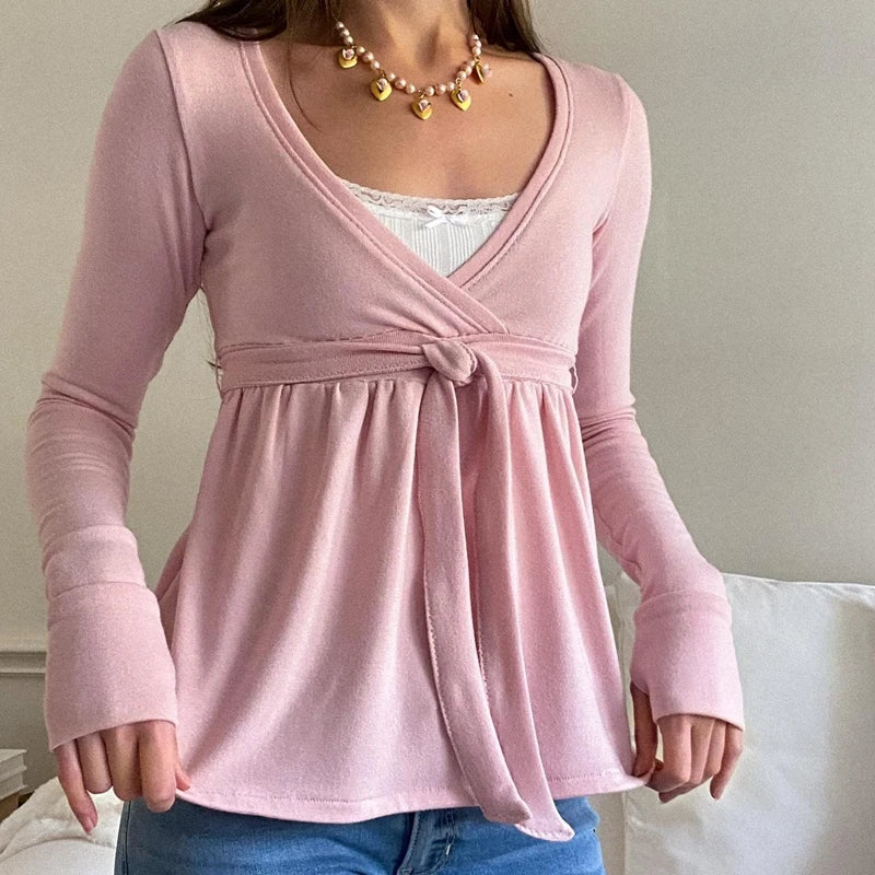 Frauen Fee Y2k Cottage T-shirt Kokette V-ausschnitt Langarm Babydoll Tees Herbst Frühling Casual Pullover Tops Vintage Kleidung So ist Leben