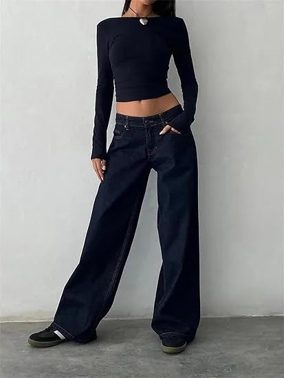 Retro Amerikanische Low-Waist Jeans ohne Stretch, Gerades Bein, Damen-Herbstmode, Weites Bein, Frischer Süßer Stil, Baumwolle So ist Leben