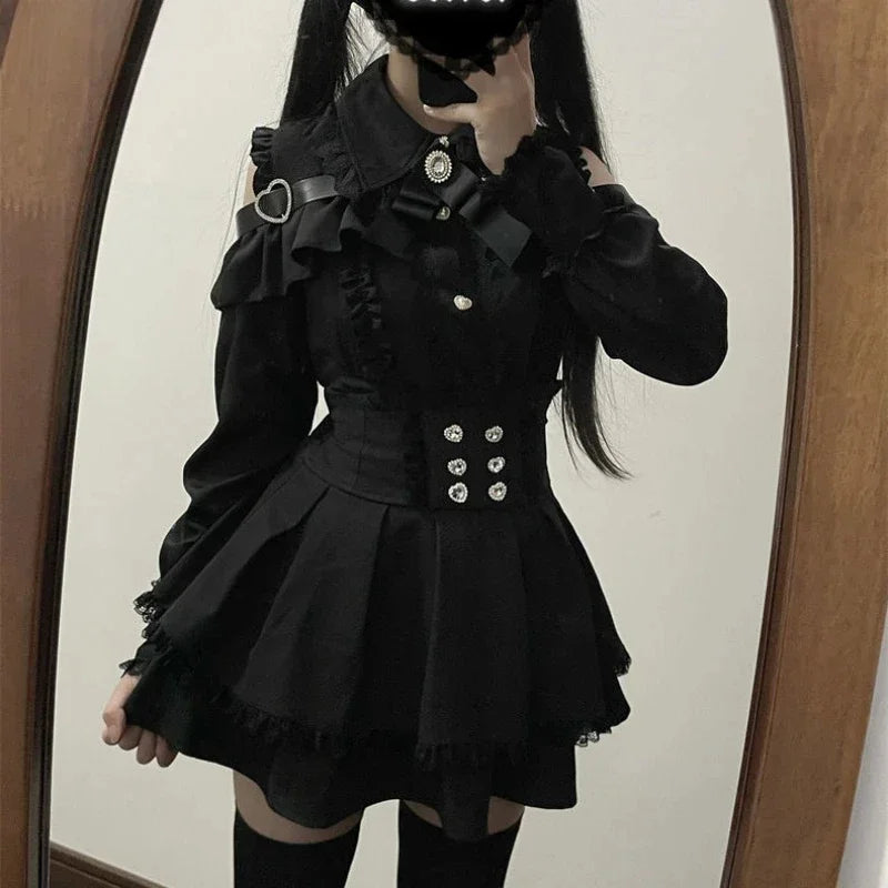 Gothic Lolita Zweiteiler Damen – Modernes A‑Linien Set - So ist Leben