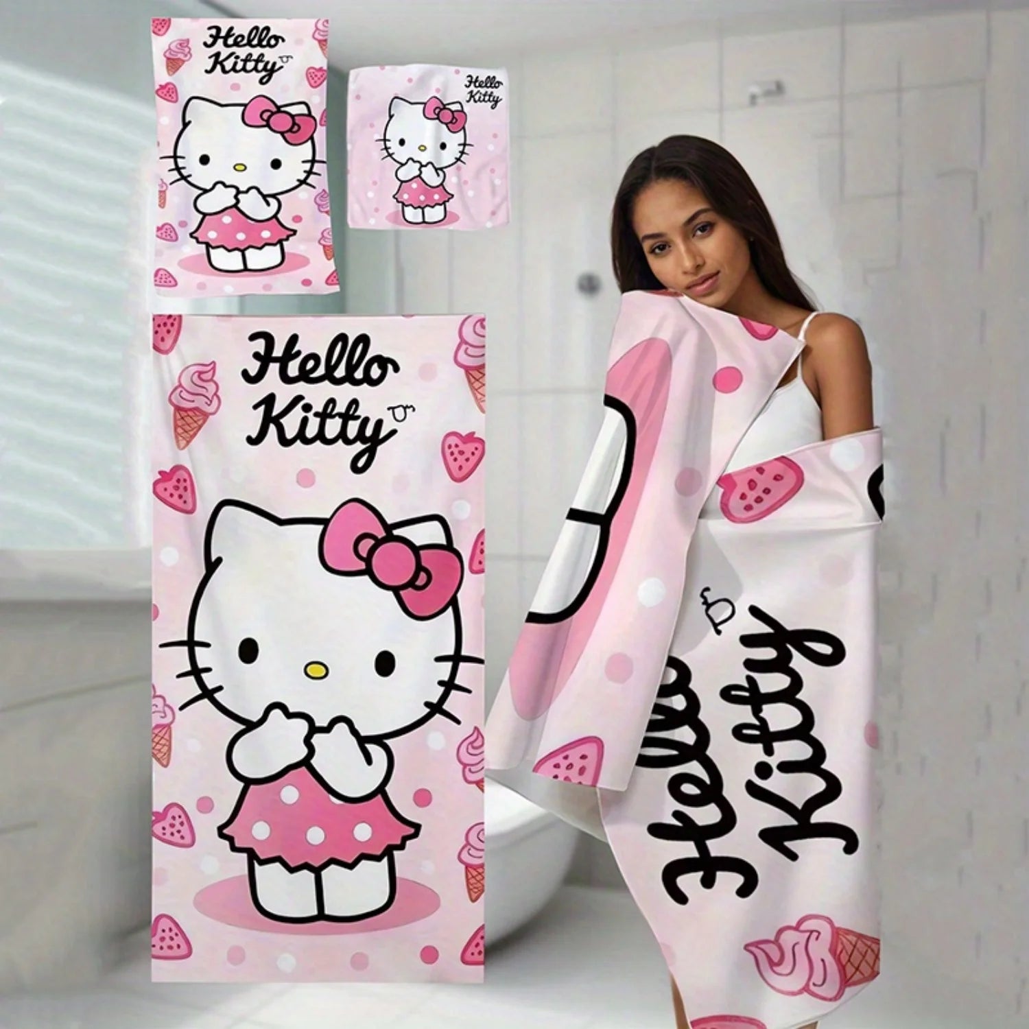 1 Mehrzweck-Handtuch mit Sanrio Hello Kitty-Motiv, fusselfrei, großes Strandtuch, kleines Küchentuch So ist Leben