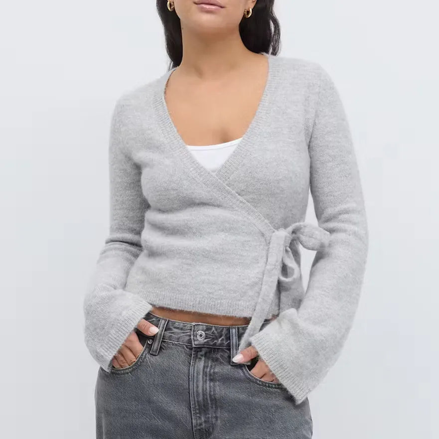Frauen Krawatte Vorne Wrap Strickjacke Tops Y2K Einfarbig V-ausschnitt Langarm Crop Knit Pullover Casual Winter Herbst Kleidung So ist Leben