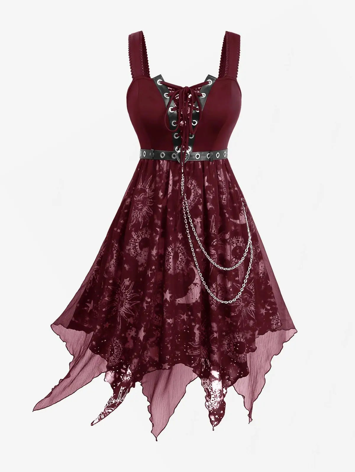 ROSEGAL Plus Size Sun Moon Star Gothic Kleider Vestidos Damen Schnür-Tülle ärmelloses Midikleid mit Gürtel und Kette So ist Leben
