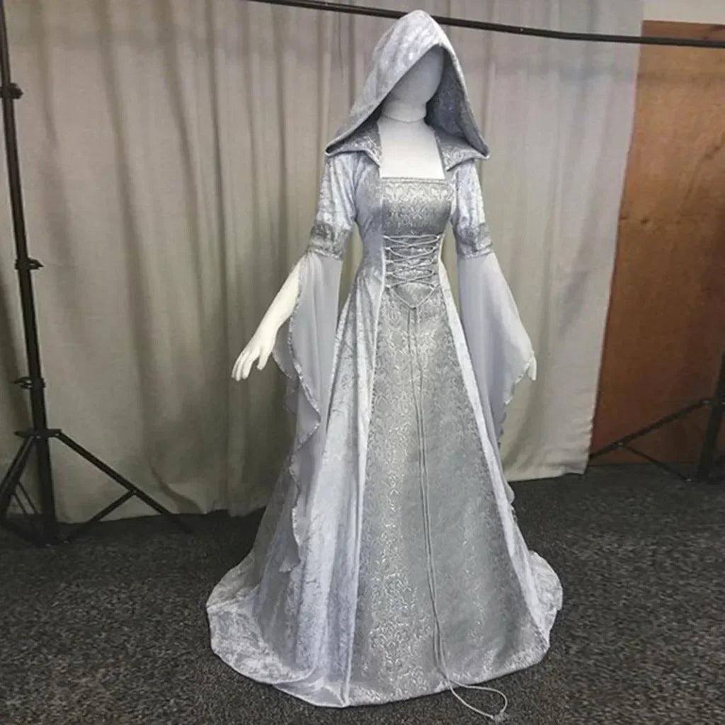 Frauen Deluxe Hexen kleid mittelalter liche Renaissance Maxi Zug Kleid Halloween Teufel heid nische Hexe Hochzeit cos Kostüm Kapuzen kleid Robe So ist Leben