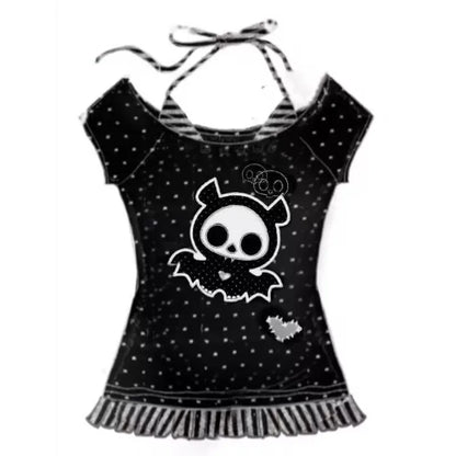 Harajuku frauen Kawaii Gefälschte Zwei T-shirts Japanischen Retro Subkultur Polka Dot T-shirt Beliebte Y2k Cartoon Print Tees Weibliche Tops So ist Leben