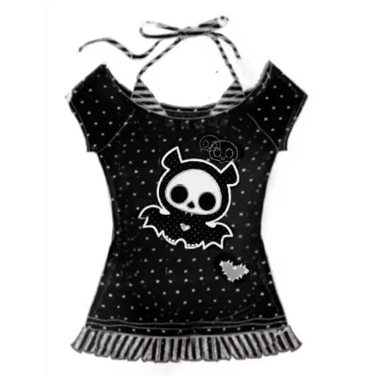 Harajuku frauen Kawaii Gefälschte Zwei T-shirts Japanischen Retro Subkultur Polka Dot T-shirt Beliebte Y2k Cartoon Print Tees Weibliche Tops So ist Leben