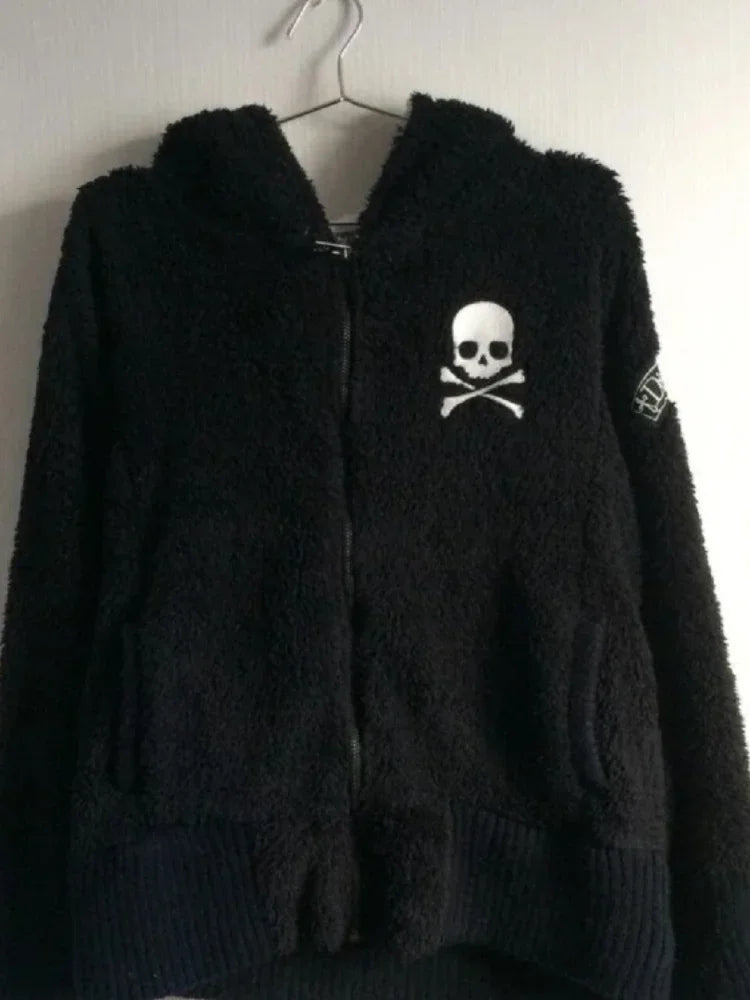 Y2k Lamm Wolle Jacken Frauen Gothic Hoodies Kreuz Schädel Grunge Zipper Sweatshirts Vintage Casual Mit Kapuze Mäntel Harajuku Streetwear So ist Leben