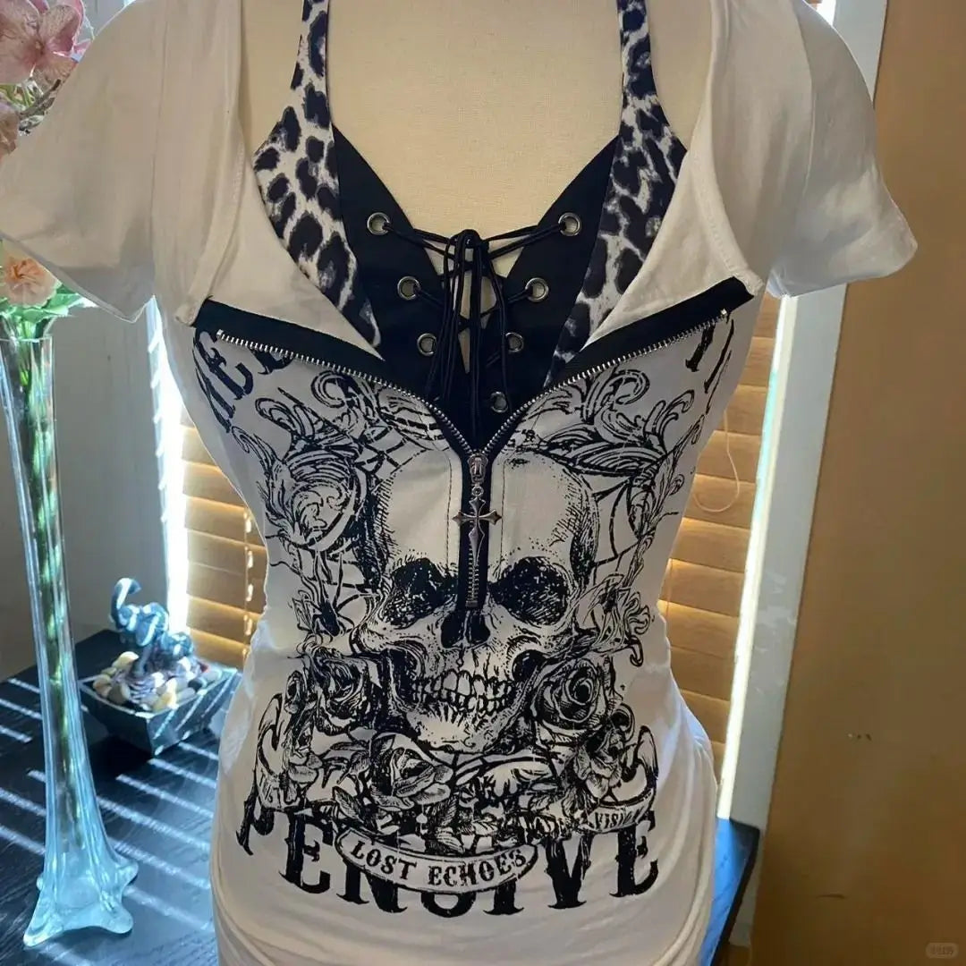 Goth Halter T-shirt Punk Y2k 2000s Gefälschte 2 Stück Schädel Druck Vintage Kurzarm Streetwear Ästhetischen Harajuku Sexy Hot Girl t So ist Leben