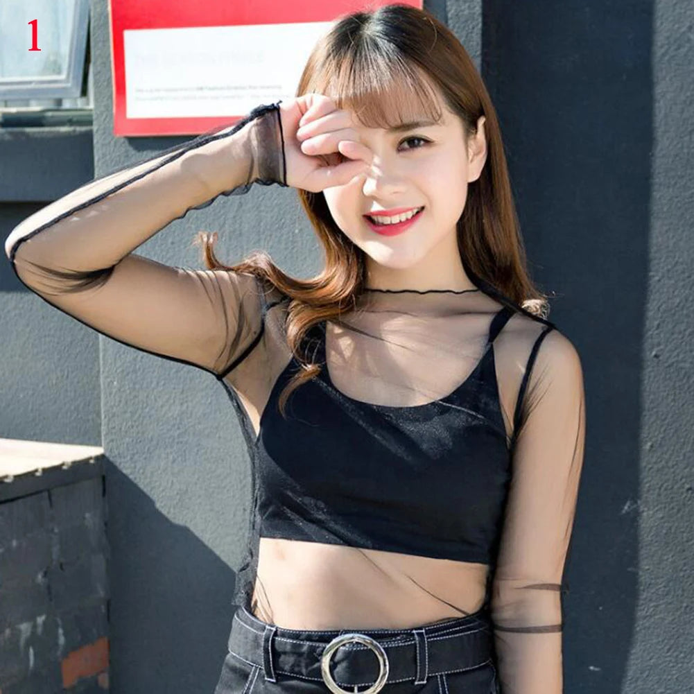 Frauen Spitze Floral T-shirt Transparent Mesh Damen Tops Sheer Blusen Herbst Durchsichtige Rollkragen Schwarz Langarm T-shirt - So ist Leben