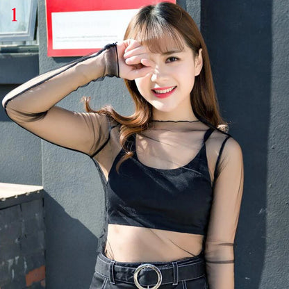 Frauen Spitze Floral T-shirt Transparent Mesh Damen Tops Sheer Blusen Herbst Durchsichtige Rollkragen Schwarz Langarm T-shirt - So ist Leben