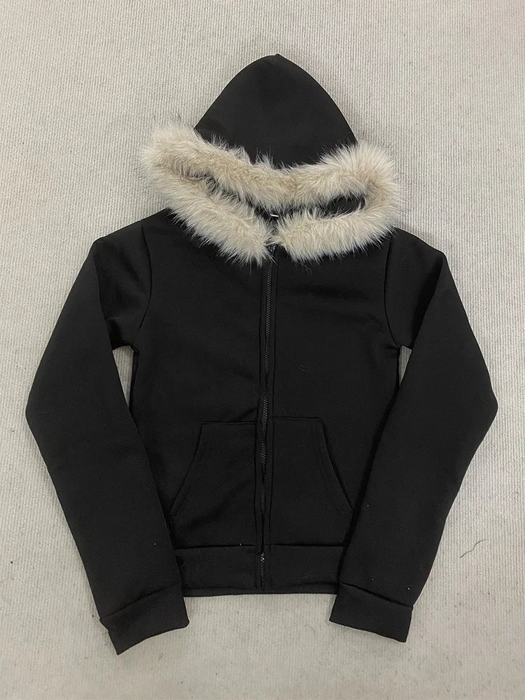 Y2K Harajuku Gothic frauen Hoodie Sexy Schlank Chic Wildleder Pelz Kragen Brief Drucken Strickjacke Sweatshirt Weibliche Streetwear So ist Leben
