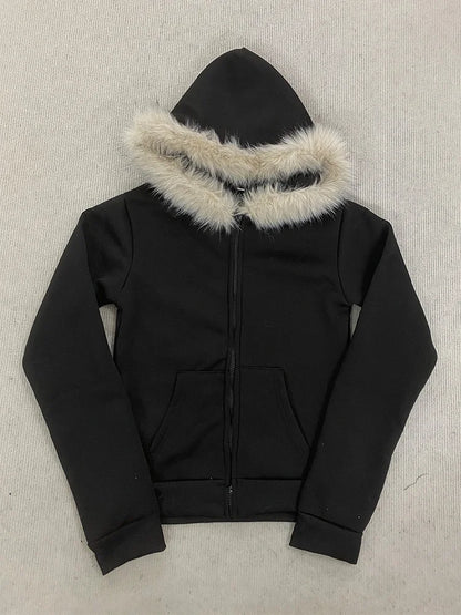 Y2K Harajuku Gothic frauen Hoodie Sexy Schlank Chic Wildleder Pelz Kragen Brief Drucken Strickjacke Sweatshirt Weibliche Streetwear So ist Leben