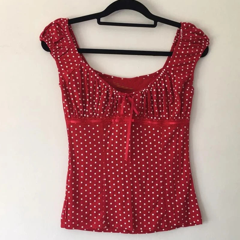 Teen Girl 00er Retro süßes T-Shirt mit quadratischem Kragen Polka Dot Milkmaid Baby Tees Coquette Vintage Cap Sleeve Crop Tops Y2k Tank Weste So ist Leben
