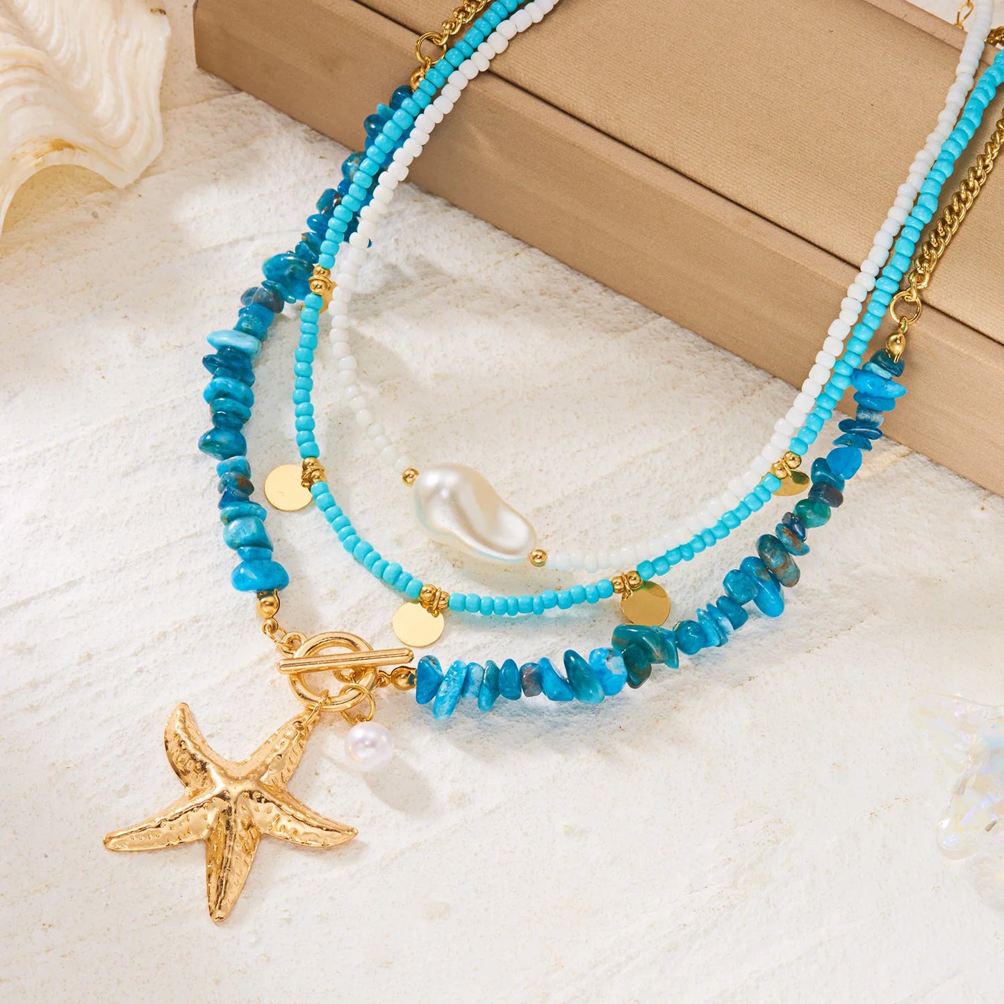 Böhmische Vintage Muschel Seestern Schildkröte Mehrschichtige Halskette für Frauen Ethnische Handgemachte Blaue Perlenketten Sommer Strand Schmuck So ist Leben