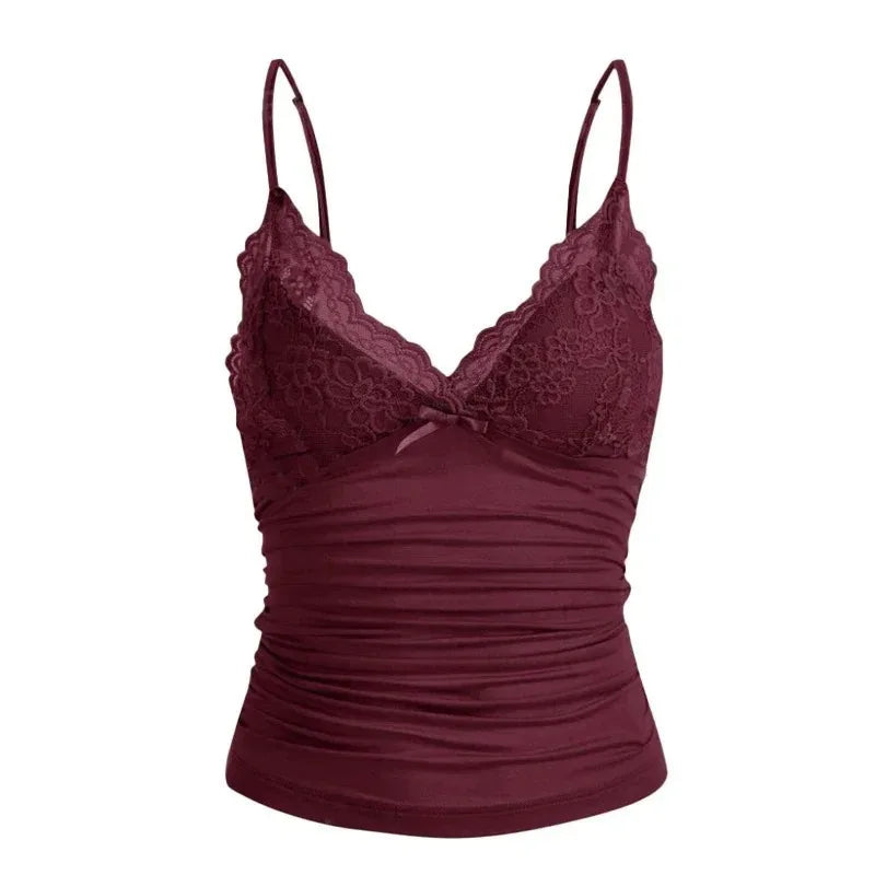 Damen Y2K Spitzen-V-Ausschnitt Spaghetti-Träger Camisole Top Slim Fit Schleife Ärmelloses Tanktop Sommer Sexy Streetwear Lässige Ausgehweste So ist Leben